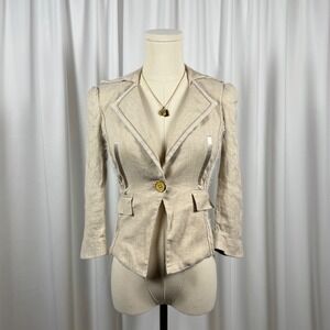 Bebe Linen Blend Blazer Jacket Beige Gold Button Raw Hem Women's